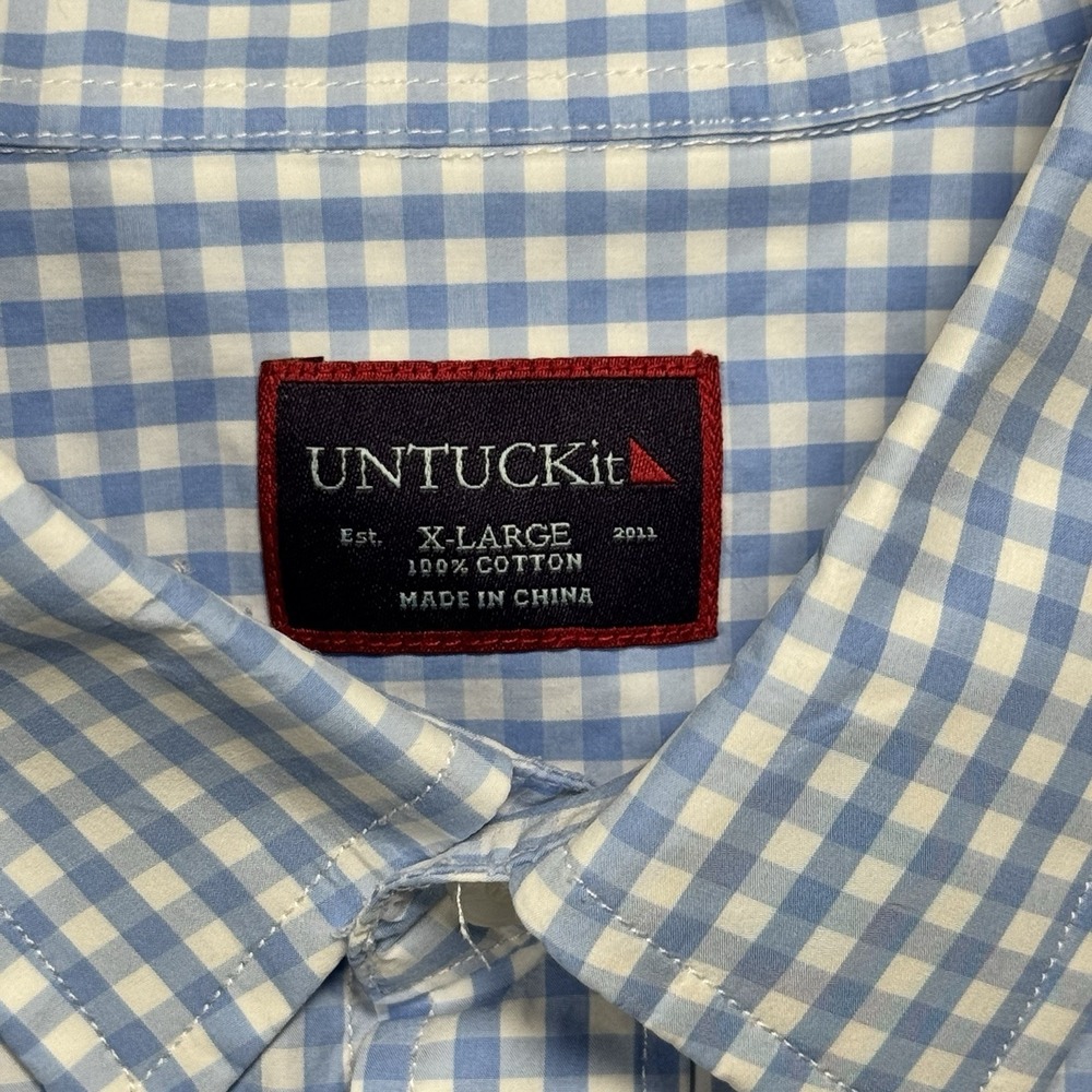 UNTUCKit Mens XL Blue White Gingham Check Button Up Shirt Long Sleeve Cotton - Picture 2 of 11